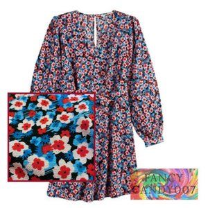 POPSUGAR  Floral Puff Sleeve Ruffle Wrap Dress Size L Red, Blue & Pink